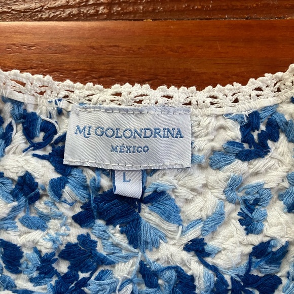 Mi Golondrina white & blue embroidered Flores blouse Sz L - Picture 4 of 7
